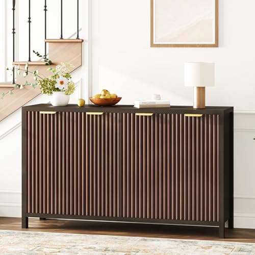 Fluted Buffet Cabinet with Storage, 55" Sideboard Cabinet with 4 Doors, Modern Credenza Accent Console Cabinet Coffee Bar Table for Living Room Dining Room Hallway, Dark Walnut - color: Dark Walnut