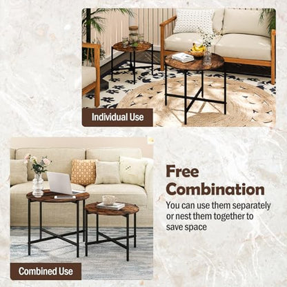 GOFLAME Nesting Coffee Table Set of 2, Round Coffee Tables with Wood Tabletop & Heavy-Duty Metal Frame, Modern Circle End Table & Side Tables, Nesting Tables for Living Room, Bedroom (Rustic Brown) - color: Rustic Brown