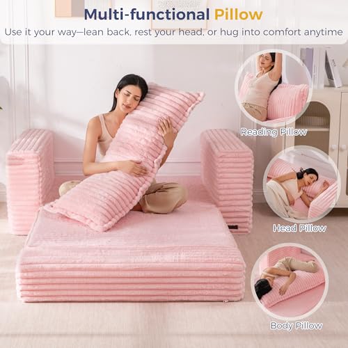 MAXYOYO Convertible Sofa Bed, Pull-Out Loveseat Couch Bed for Small Space | 2 in 1 Folding Couch Bed with Large Back Pillow, Plush Faux Fabric Lounge Couch for Living Room, Apartment, Pink - color: Pink