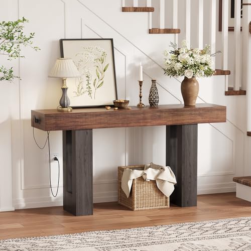 IDEALHOUSE 63" Entryway Table with Power Outlet, Console Table for Entryway | Rustic Brown, Wooden Sofa Table, Narrow Hallway Foyer Table for Entryway, Hallway, Living Room - color: Rustic Brown & Grey