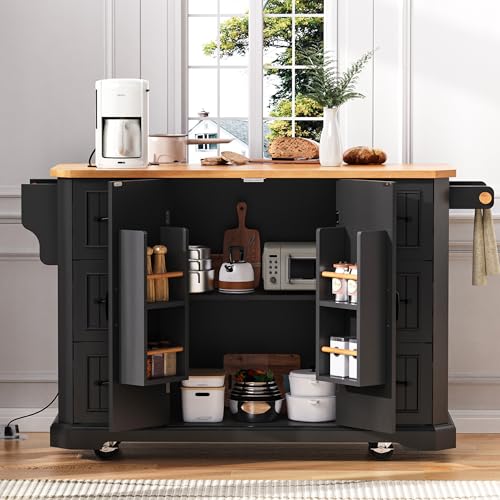 Rustic Rolling Kitchen Island with Drop Leaf, Built-in Charging Station & 6 Deep Drawers, 47" Farmhouse Mobile Cart for Dormitories, Offices, Bedrooms (Black/R1) - color: Black/R1