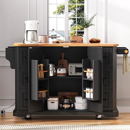 Rustic Rolling Kitchen Island with Drop Leaf, Built-in Charging Station & 6 Deep Drawers, 47" Farmhouse Mobile Cart for Dormitories, Offices, Bedrooms (Black/R1) - color: Black/R1