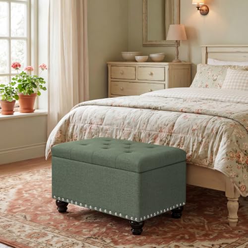 Ottoman with Storage, Fabric Ottoman Foot Rest 24" Rectangle Tufted Foot Stools Ottomans with Hinged Lid Upholstered Button Ottomans for Bedroom Living Room Entryway, Green - color: Green
