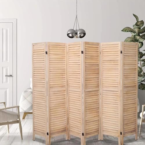 6 Panel Room Dividers and Folding Privacy Screens, Divider for Room Separation, Wood Louvered Divider Wall, Wooden Partition for Home Office Bedroom (Natural)