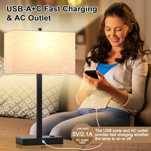 Lynnoland 21" Set of 2 Table lamp with USB A+C & AC Outlets, Touch Control 3-Way Dimmable Nightstand Lamps for Bedroom Living Room Office Reading, Linen Shade Touch Lamps, 3000K LED Bulbs Included - color: (2 Pack) Natural Linen & Matte Black (Base)-3000K