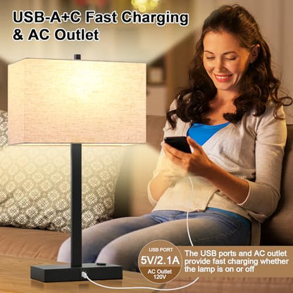 Lynnoland 21" Set of 2 Table lamp with USB A+C & AC Outlets, Touch Control 3-Way Dimmable Nightstand Lamps for Bedroom Living Room Office Reading, Linen Shade Touch Lamps, 3000K LED Bulbs Included - color: (2 Pack) Natural Linen & Matte Black (Base)-3000K