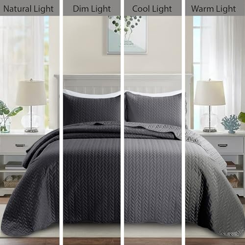 MOONLIGHT20015 Queen Quilt Bedding Set (90" x 96") - Bulk Pack of 10 Wholesale for Hotels, Guest Bedroom & Airbnbs - Lightweight Microfiber Reversible Embossed Quilts Bedspreads (Charcoal) - color: Charcoal/Dark Grey, size: Queen (10 Pack)