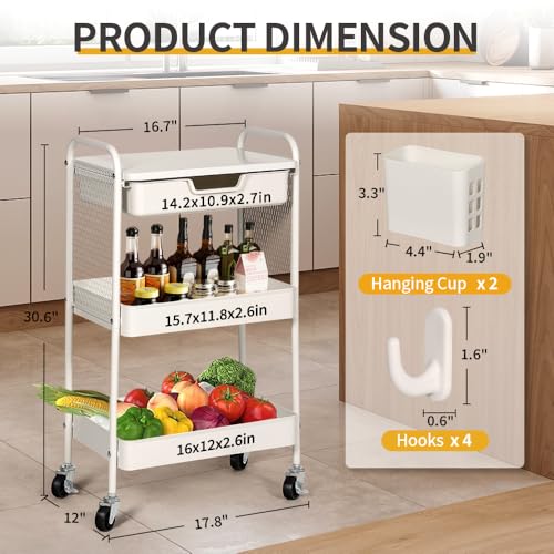 3-Tier Rolling Cart with Drawer, Metal Utility Storage Cart Organizer with Lockable Wheels&Hanging Cups&Hooks, Mobile Storage Craft Carts Trolley with Mesh Shelves for Kitchen, Office-White - color: White