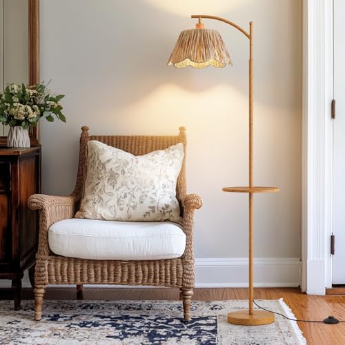63.5" Floor Lamp with Table for Living Room, Boho Rattan Standing Lamps with Foot Switch, Farmhouse Floor Lamp for Bedroom, Arc Tall Lamp with Metal Base&Pole, Bulb not Included, Woodgrain - color: Woodgrain