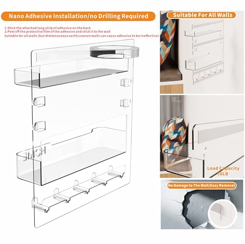 Bedside Shelf for Dorm Bed,Rv,Small Room and Nightstand,Wall Mounted Floating Shelves and Bedside Wall Organizer for Remote,Phone Holder,Charging Shelf,Cute Bedroom Decor for College Girl,Clear