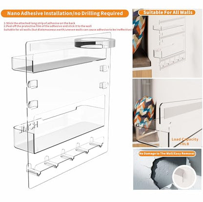Bedside Shelf for Dorm Bed,Rv,Small Room and Nightstand,Wall Mounted Floating Shelves and Bedside Wall Organizer for Remote,Phone Holder,Charging Shelf,Cute Bedroom Decor for College Girl,Clear