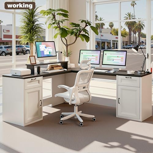 HUAHUU 78" Farmhouse L Shaped Executive Desk with Drawers, Modern Computer Desk with Power Outlets, Office Writing Desk with Monitor Stand & Storage Cabinet, Printer Shelf, Antique White - color: Black and White