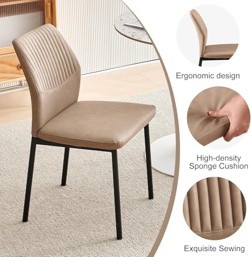 PU Leather Dining Chairs Set of 2, Mid-Century Modern Beige Leather Kitchen Chairs, Armless Dining Room Chairs with Black Metal Legs for Dining Room, Living Room - color: Beige, size: 2 Chairs