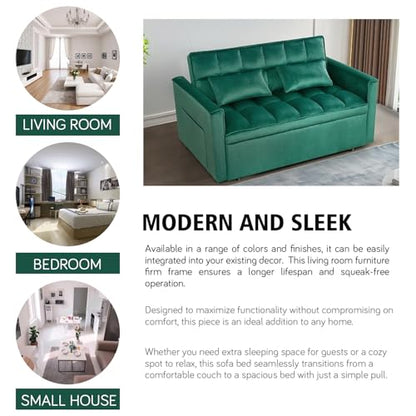 3 In 1 Velvet Convertible Sofa Bed, Pull Out Couch Bed with Reclining Backrest And 2 Pillows, 54" Full Size Loveseat Sleeper Sofa Futon Couch Beds, Couches For Small Spaces, Living Room (Dark Green) - color: Dark Green