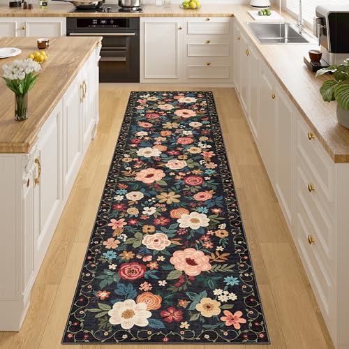 DUKINO 2x8 Runner Rug, Floral Washable Kitchen Runner Rug Non Slip, Black | Low Pile, Soft Indoor Rug for Hallway, Entryway, Bedroom, Bathroom, Pet Friendly, Stain Resistant, Modern Home Decor - color: Black, size: 2' x 8' (Rectangular)