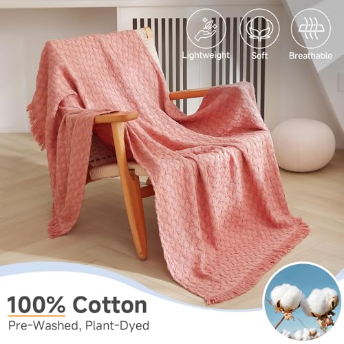 Simple&Opulence 100% Cotton Throw Blanket for Couch, Bed, Waffle Weave Knit Blanket with Tassels, Soft Lightweight Pre-Washed Breathable Comfy Blanket Farmhouse Decor for All-Season(Blush Pink) - color: B-blush Pink