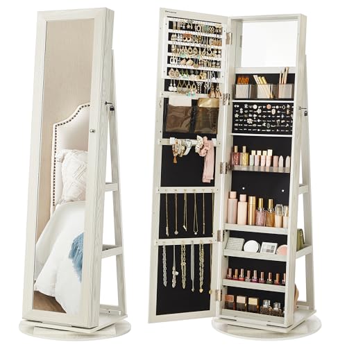 SONGMICS 360° Swivel Jewelry Cabinet, Full-Length Mirror, Lockable | Jewelry Armoire Organizer, Mirror with Storage, Rear Storage Shelves, Interior Mirror, Gift Idea, White UJJC006W01 - color: White, style: Framed Mirror, Classic