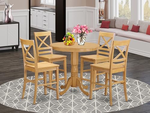 East West Furniture JAQU5-OAK-W 5 Piece Counter Height Dining Table Set Includes a Round Wooden Table with Pedestal and 4 Kitchen Dining Chairs, 36x36 Inch, Oak - color: Jaqu5-oak-w