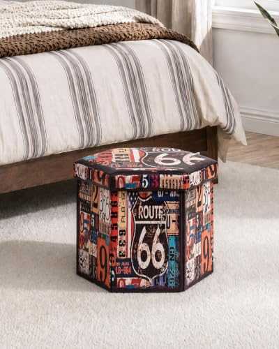 B FSOBEIIALEO Route 66 Storage Ottoman Hexagonal, Faux Leather Foot Rest Seat for Living Room, Storage Organizer 16.93"x15"x15" - size: 16.93*15*15 inches