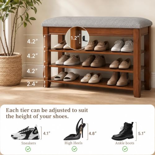 Solid Wood Shoe Rack Bench with Storage, Flip-Top Soft-Close Lid, 31.5” | 550 lbs Max Load, Adjustable Shelves, Cushioned Entryway Shoe Organizer for Closet, Hallway, Foyer - size: 31.5"