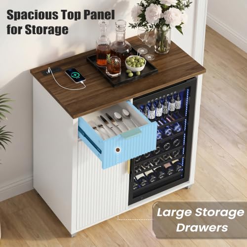 Apicizon Coffee Bar Cabinet with Fridge Space, Modern Fluted Coffee Station with Wine Beverage Storage, Drawer, Glass Holder, Wood Buffet Sideboard Table for Kitchen, Dining Room, 41.33" L, White - color: White