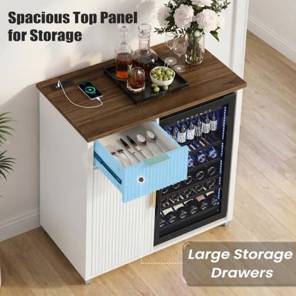 Apicizon Coffee Bar Cabinet with Fridge Space, Modern Fluted Coffee Station with Wine Beverage Storage, Drawer, Glass Holder, Wood Buffet Sideboard Table for Kitchen, Dining Room, 41.33" L, White - color: White