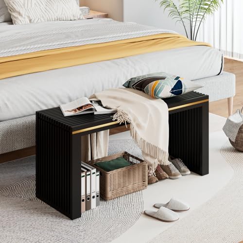 APRTAT Bamboo Dining Bench 35-Inch Indoor Wood Shoe Rack Bench for Entryway | Easy Assemble, Sturdy & Durable,Slatted Design,Versatile Everyday Seating,Living Room Hallway Bedroom Bathroom - color: Black, size: Long