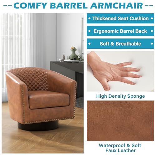 Faux Leather Swivel Accent Chair, Modern Barrel Club Armchair, Brown | Comfy Living Room Chair, Modern Nailhead Trim Round Armchair Bedroom Reading Seat with Removable Cushion, Wood Frame - color: Retro Brown