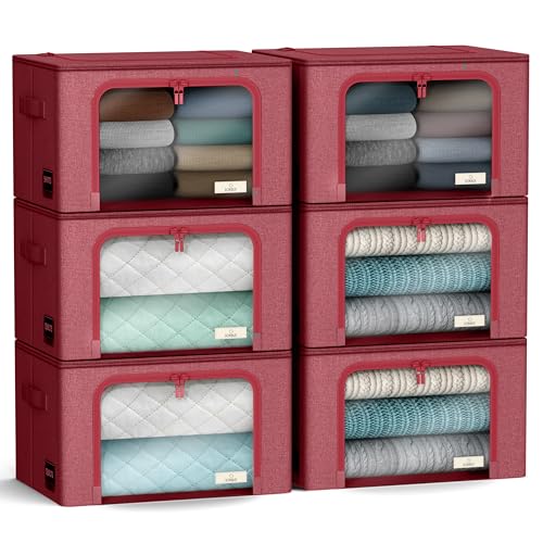 Sorbus Storage Bins with Metal Frame - Stackable & Foldable Clothes Organizer Bags - Oxford Fabric Storage Containers with Large Clear Window & Carry Handles Organization for Bedding Linen & Clothing - color: Pink, size: 6 Pack