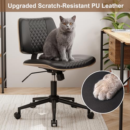 Modern Armless Office Chair with Wheels, Wide Seat Walnut, Black | Adjustable Swivel Desk Chair with Mid Back & Tilt Function, Faux PU Leather Mid Century Modern Task Office Chair, 300LBS Cap - color: Black, size: MCM Style Wide Seat