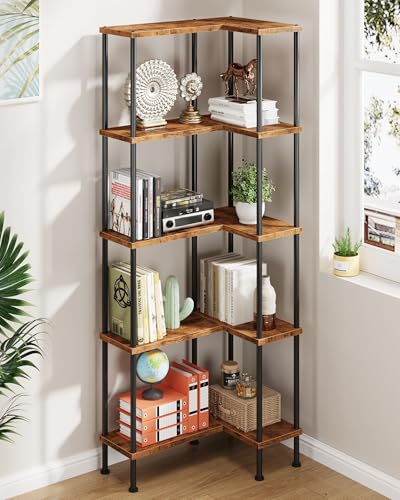 5-Tier L-Shaped Corner Bookshelf, 60" Tall Modern Corner Shelf | L-Shape Corner Fits Living Room, Bedroom, or Home Office Corners, 5 Open Shelves, Display Rack for Books, Plants, and More - color: Rustic Brown, size: 5 Tier
