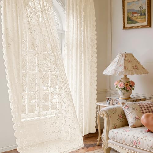Vintage Floral Lace Sheer Curtains 63 Inches Long 2 Panels, Flower Branch Pattern, Scalloped Edge, Easy Rod Pocket, Romantic Drapes for Bedroom Living Room (W52xL63) Beige - color: Beigedream, size: 52"W x 63"L (Pack of 2)