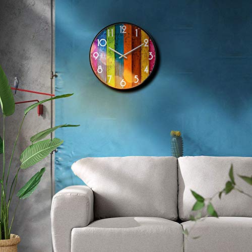 Silent Non-Ticking Analog Wall Clock, Colorful Wood Print, 14'' | Battery Operated, Modern, Metal Frame & HD Tempered Glass, Decorative for Home & Office, Bedroom, Kitchen, Living Room - color: Multicolor, size: 14inch