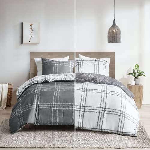 Intelligent Design Pike Reversible Comforter Set, Cottage Plaid Print, Modern Cabin Lifestyle, Down Alternative, All Season Bedding with Matching Sham, Twin/Twin XL White/Grey 2 Piece - color: White/Gray, size: T/TXL Comforter