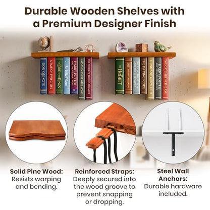 Pine Wood Floating Shelves for Wall, 2 Pack, 15.7 Inch, Dark Brown | Two live edge pine shelves with hidden brackets; each 15.7 inches long and supports books, photos or plants up to 66 lb. - color: Dark Brown