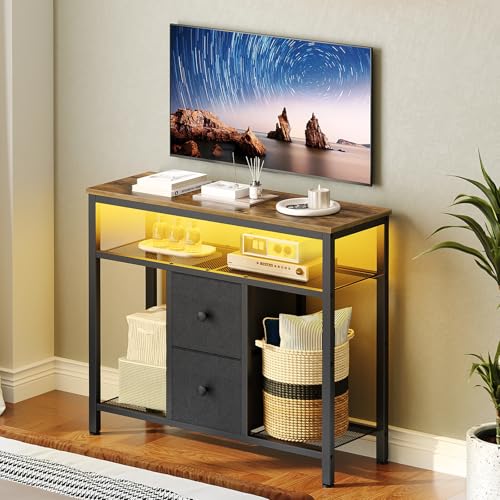 TV Stand with LED Lights, Dresser TV Stand, Tall Entertainment Center with 2 Fabric Drawers, TV Media Console Table, for Living Room, Bedroom, Black and Rustic Brown DS10DBR
