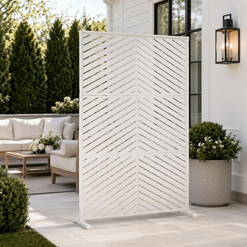 Kozyard Metal Privacy Screen 74" H x 47.2" W Decorative Outdoor Divider | with Stand Panels Freestanding Screen Set for Deck Patio Balcony Garden Outdoor&Indoor (White/Chevron) - color: White/Chevron