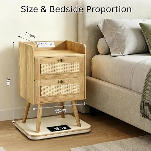 Rattan Nightstands Set of 2, Boho Bedside Table with 2 Drawers | Rattan Nightstand with Charging Station, Open Storage End Tables for Bedroom, Small Spaces and Dorm, Solid Wood Legs, Natural - color: Natural Wood