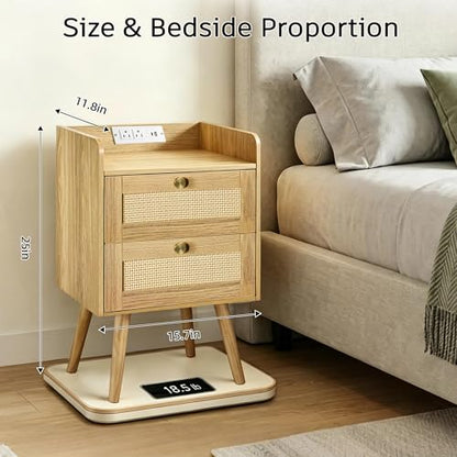 Rattan Nightstands Set of 2, Boho Bedside Table with 2 Drawers | Rattan Nightstand with Charging Station, Open Storage End Tables for Bedroom, Small Spaces and Dorm, Solid Wood Legs, Natural - color: Natural Wood