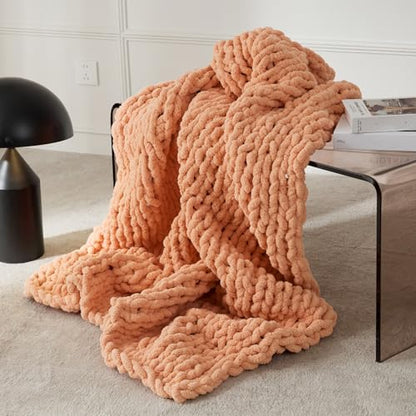WESHIONGOO Chunky Knit Blanket Throw for Couch Bed 40"*40" Peach Fuzz | 100% Handmade Knitted Throw Blanket Fluffy Soft Blanket with Jumbo Chenille Yarn Thick - color: Peach Fuzz, size: 40"x40"(Small Size Throw)