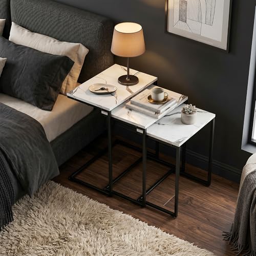 ZenStyle Nesting Coffee Table Set of 5 Side Tables, Industrial C-Shaped End Tables with Wood Table Top & Sturdy Metal Frame Stacking Accent Furniture - color: White