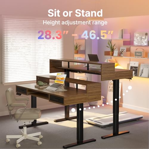 HUANUO 48″ x 26″ Electric Standing Desk with 2 Drawers &24.4″ Large Keyboard Tray, C-Clamp Mount Compatible, Adjustable Computer Desk for Office, Sit Stand Up Desk with 4 Height Presets, Deep Walnut - color: Deep Walnut, size: 48*26 inch