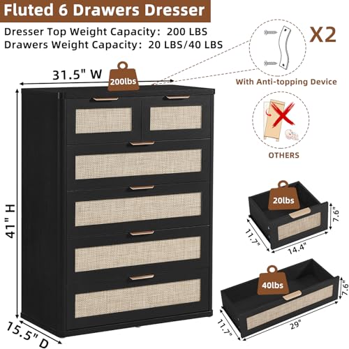 LEYAOYAO Rattan Dresser for Bedroom, 41" Tall Chest of Drawers | Gold Metal Handle, Black Modern 6 Drawers Boho Dressers with Storage for Living Room, Hallway - color: Boho Black, size: 15.5"D x 31.5"W x 41"H (6 Drawers)