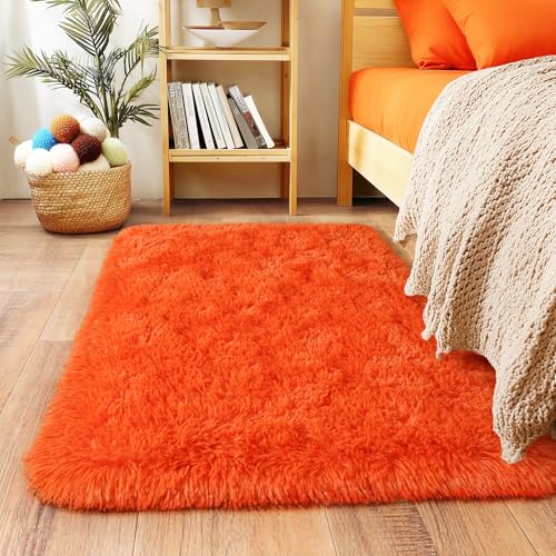 2x3 Small Rugs for Bedroom Hallways,Orange Soft Fluffy Shaggy Bedside Rug | Area Rugs for Living Room, Upgrade Non-Slip Durable, Indoor Floor Carpet for Kids Girls and Boys, Home Decor Aesthetic - color: Orange, size: 2' x 3' (Rectangular)