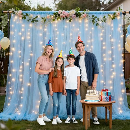 Ledido 10×8ft Beige Tulle Backdrop Curtains with Lights(8 Panels 5×8ft) - color: Beige, size: 40×8ft(8 Panels 5×8ft)