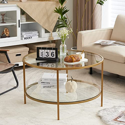 VINGLI 30" Glass Coffee Table, Round Coffee Tables Living Room, Matte Gold | 2-Tier Clear Coffee Table with Storage, Circle Side Table Metal Frame, Modern Center Table Mesa de Centro para Sala - color: Clear-matte Gold, size: 30.7"