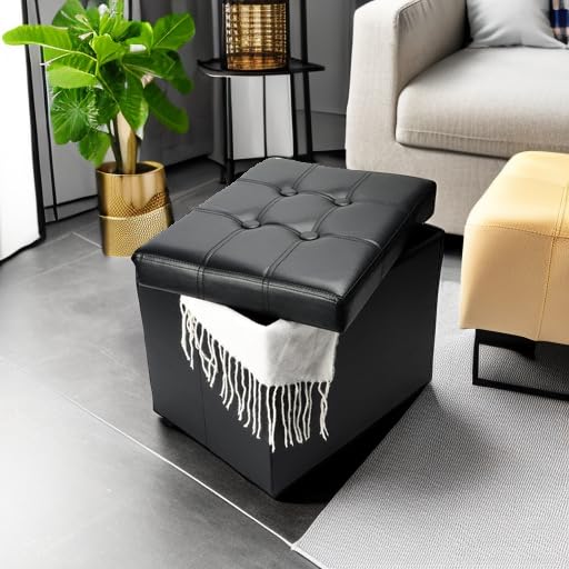 Bsketa Storage Ottoman, Folding Foot Stool with Thicker Foam Padded Seat Small Leather Storage Ottoman Bench Foot Rest for Living Room Foldable Coffee Table 17x13x13in,Black - color: Black