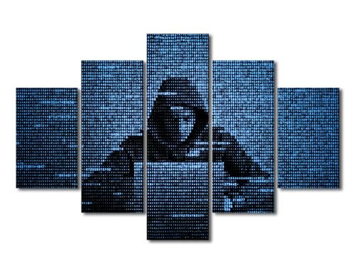 5 Pieces Wall Art Hacker in Data Security Wall Pictures for Living Room Hacker Using Laptop Home Decor Hacking the Internet Poster Prints on Canvas Stretched and Framed Ready to Hang (60"Wx40"H) - color: Artwork-07, size: 60"Wx40"H