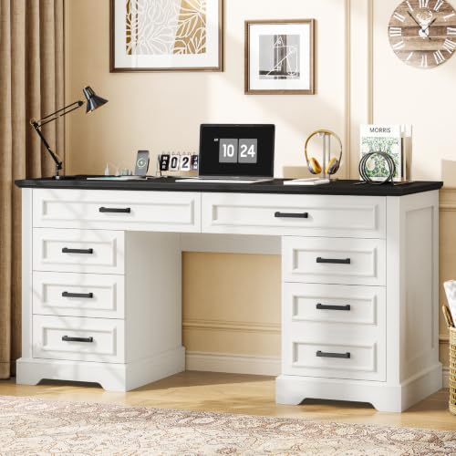 Vabches Farmhouse Executive Desk with Charging Station, White and Brown | 55'' Large Wooden Computer Desk with 7 Drawers, Workstation Computer Desk with File Cabinet for Home Office and Study - color: Rustic White and Rustic Black