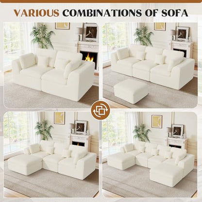 Luxanimarion 115" Cloud Boneless Sectional Couch, Deep Seat L Shaped Modular Couch with Ottoman, Oversized Upholstered Convertible 4 Seater Modular Sofa for Living Room,Black Chenille - color: Beige, size: 3 Seater + 1 Ottoman